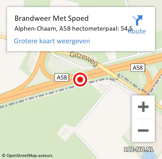 Locatie op kaart van de 112 melding: Brandweer Met Spoed Naar Alphen-Chaam, A58 hectometerpaal: 54,5 op 23 juni 2024 16:09
