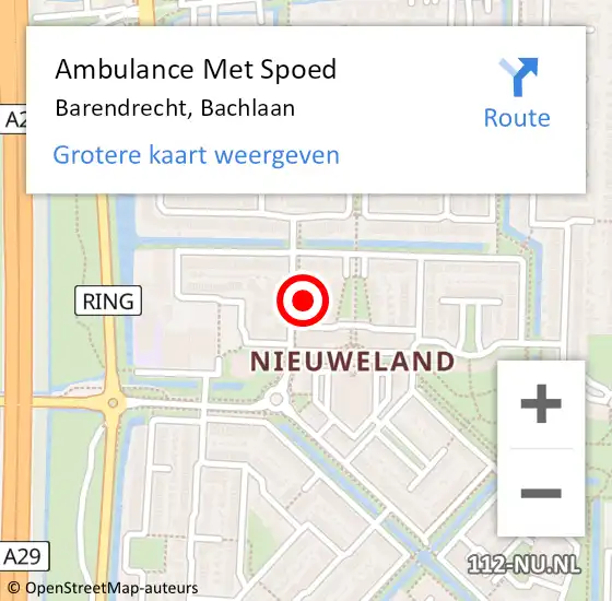 Locatie op kaart van de 112 melding: Ambulance Met Spoed Naar Barendrecht, Bachlaan op 23 juni 2024 17:58