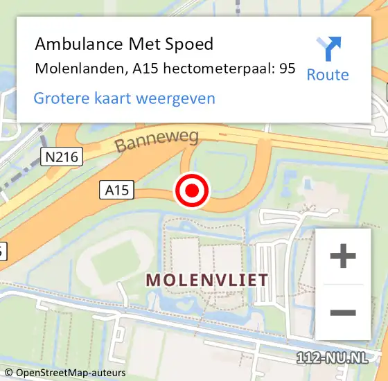 Locatie op kaart van de 112 melding: Ambulance Met Spoed Naar Molenlanden, A15 hectometerpaal: 95 op 23 juni 2024 20:10