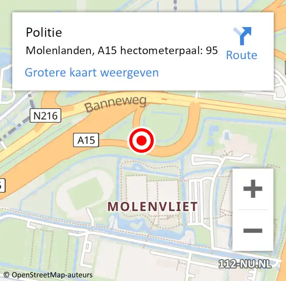Locatie op kaart van de 112 melding: Politie Molenlanden, A15 hectometerpaal: 95 op 23 juni 2024 20:12