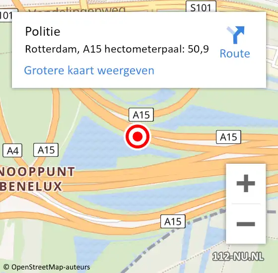 Locatie op kaart van de 112 melding: Politie Rotterdam, A15 hectometerpaal: 50,9 op 23 juni 2024 21:00