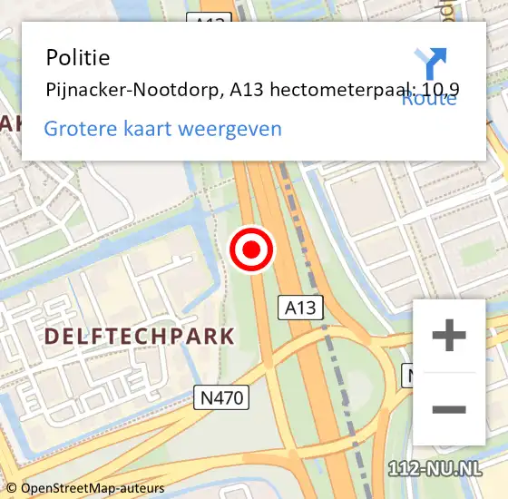 Locatie op kaart van de 112 melding: Politie Pijnacker-Nootdorp, A13 hectometerpaal: 10,9 op 23 juni 2024 21:34