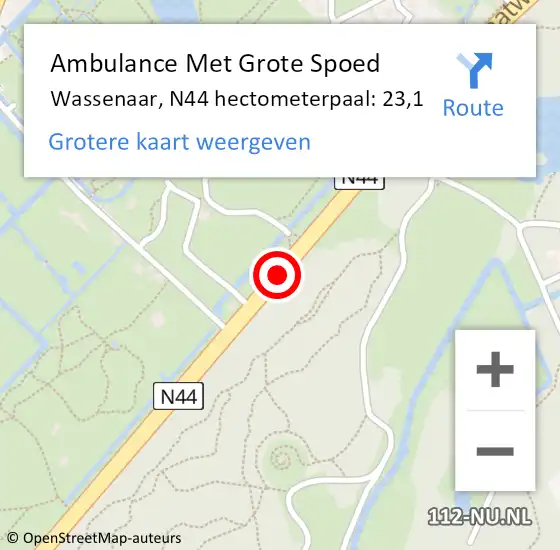Locatie op kaart van de 112 melding: Ambulance Met Grote Spoed Naar Wassenaar, N44 hectometerpaal: 23,1 op 23 juni 2024 22:02