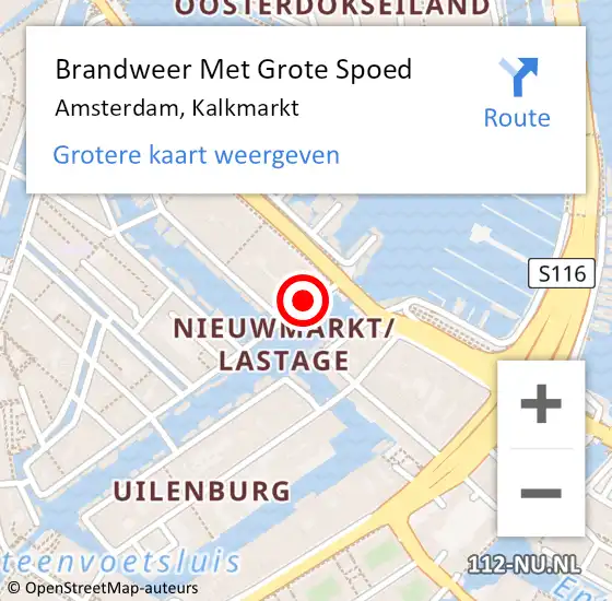 Locatie op kaart van de 112 melding: Brandweer Met Grote Spoed Naar Amsterdam, Kalkmarkt op 23 juni 2024 22:32