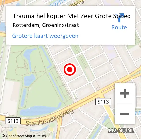 Locatie op kaart van de 112 melding: Trauma helikopter Met Zeer Grote Spoed Naar Rotterdam, Groeninxstraat op 23 juni 2024 23:55