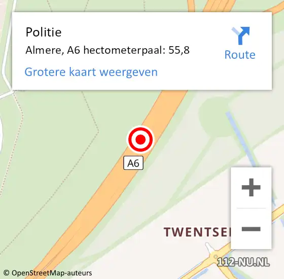 Locatie op kaart van de 112 melding: Politie Almere, A6 hectometerpaal: 55,8 op 24 juni 2024 00:10