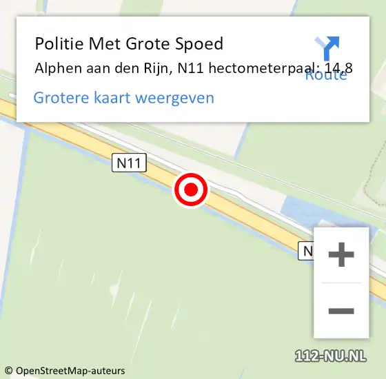 Locatie op kaart van de 112 melding: Politie Met Grote Spoed Naar Alphen aan den Rijn, N11 hectometerpaal: 14,8 op 24 juni 2024 02:22