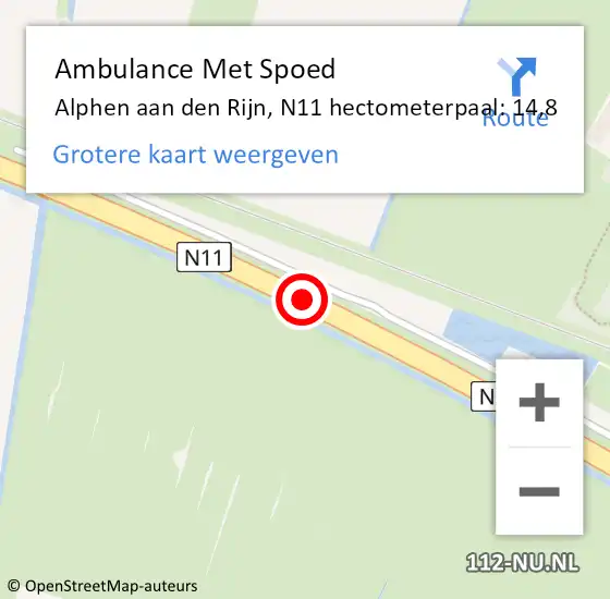 Locatie op kaart van de 112 melding: Ambulance Met Spoed Naar Alphen aan den Rijn, N11 hectometerpaal: 14,8 op 24 juni 2024 02:27