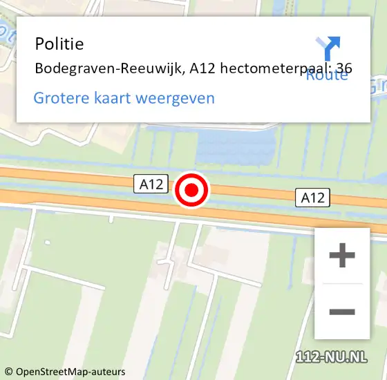 Locatie op kaart van de 112 melding: Politie Bodegraven-Reeuwijk, A12 hectometerpaal: 36 op 24 juni 2024 03:58