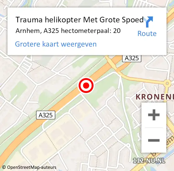 Locatie op kaart van de 112 melding: Trauma helikopter Met Grote Spoed Naar Arnhem, A325 hectometerpaal: 20 op 24 juni 2024 08:08