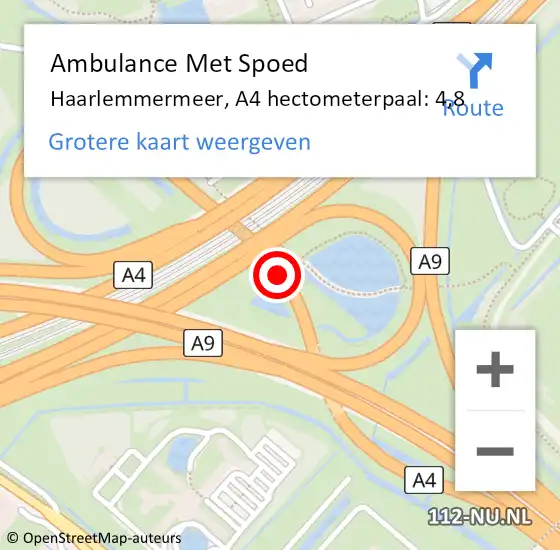 Locatie op kaart van de 112 melding: Ambulance Met Spoed Naar Haarlemmermeer, A4 hectometerpaal: 4,8 op 24 juni 2024 08:20