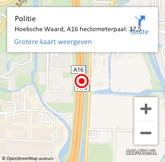 Locatie op kaart van de 112 melding: Politie Hoeksche Waard, A16 hectometerpaal: 37,5 op 24 juni 2024 08:44