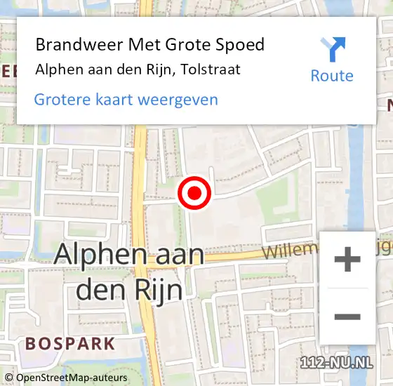 Locatie op kaart van de 112 melding: Brandweer Met Grote Spoed Naar Alphen aan den Rijn, Tolstraat op 24 juni 2024 09:00