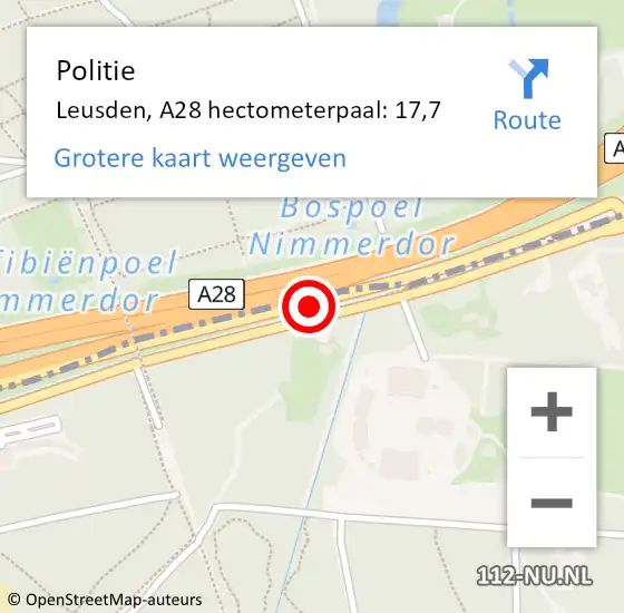 Locatie op kaart van de 112 melding: Politie Leusden, A28 hectometerpaal: 17,7 op 24 juni 2024 10:01