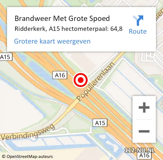 Locatie op kaart van de 112 melding: Brandweer Met Grote Spoed Naar Ridderkerk, A15 hectometerpaal: 64,8 op 24 juni 2024 10:05
