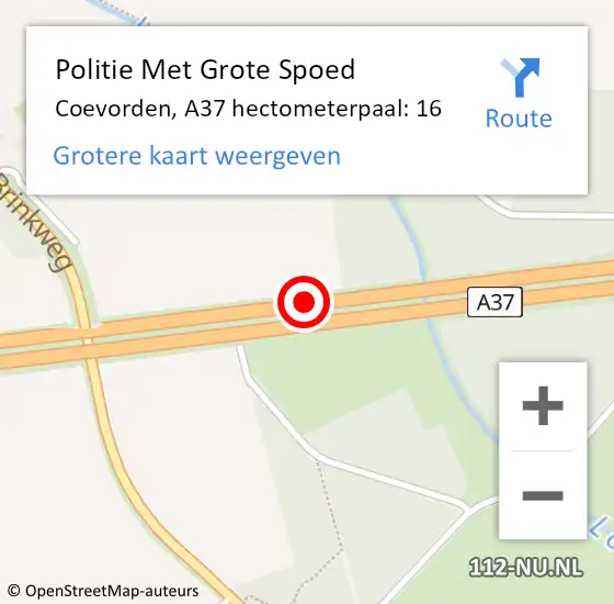 Locatie op kaart van de 112 melding: Politie Met Grote Spoed Naar Coevorden, A37 hectometerpaal: 16 op 24 juni 2024 10:46