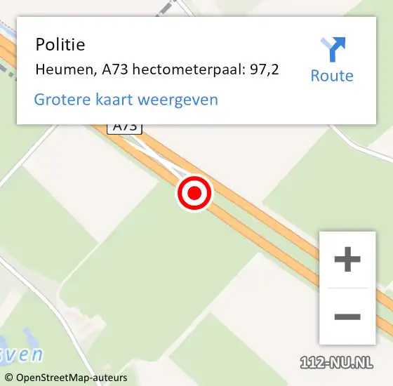 Locatie op kaart van de 112 melding: Politie Heumen, A73 hectometerpaal: 97,2 op 24 juni 2024 11:51