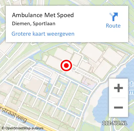 Locatie op kaart van de 112 melding: Ambulance Met Spoed Naar Diemen, Sportlaan op 24 juni 2024 12:12