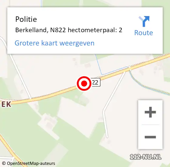 Locatie op kaart van de 112 melding: Politie Berkelland, N822 hectometerpaal: 2 op 24 juni 2024 15:53