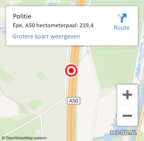 Locatie op kaart van de 112 melding: Politie Epe, A50 hectometerpaal: 219,4 op 24 juni 2024 16:30