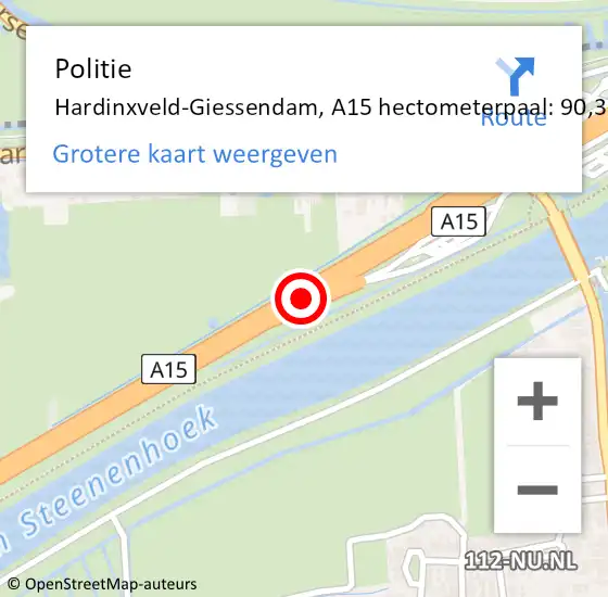 Locatie op kaart van de 112 melding: Politie Hardinxveld-Giessendam, A15 hectometerpaal: 90,3 op 24 juni 2024 16:34