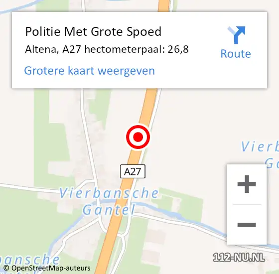 Locatie op kaart van de 112 melding: Politie Met Grote Spoed Naar Altena, A27 hectometerpaal: 26,8 op 24 juni 2024 16:50