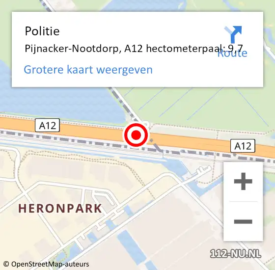 Locatie op kaart van de 112 melding: Politie Pijnacker-Nootdorp, A12 hectometerpaal: 9,7 op 24 juni 2024 16:53