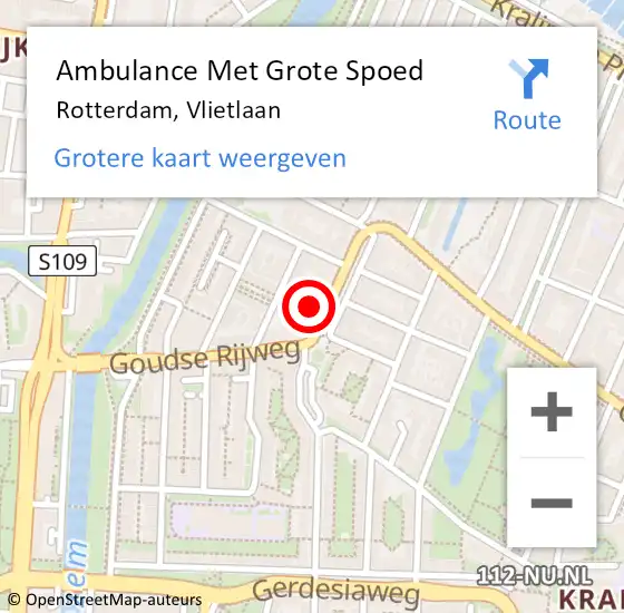 Locatie op kaart van de 112 melding: Ambulance Met Grote Spoed Naar Rotterdam, Vlietlaan op 24 juni 2024 17:02