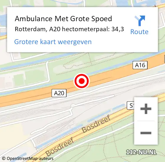 Locatie op kaart van de 112 melding: Ambulance Met Grote Spoed Naar Rotterdam, A20 hectometerpaal: 34,3 op 24 juni 2024 17:24