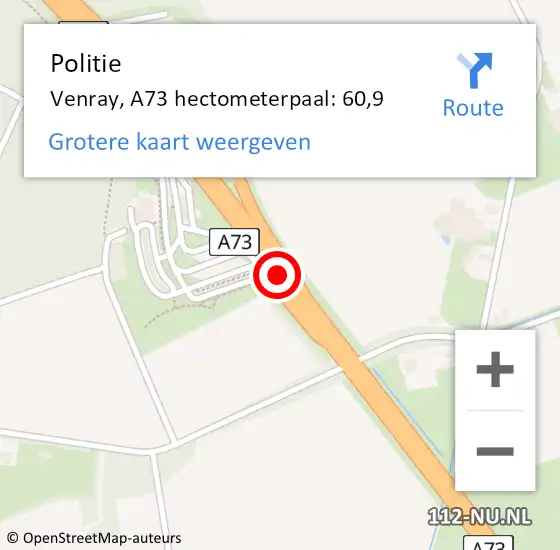 Locatie op kaart van de 112 melding: Politie Venray, A73 hectometerpaal: 60,9 op 24 juni 2024 17:27