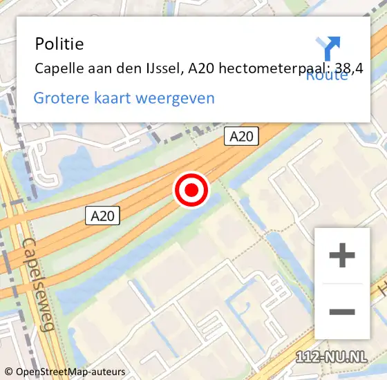 Locatie op kaart van de 112 melding: Politie Capelle aan den IJssel, A20 hectometerpaal: 38,4 op 24 juni 2024 17:29