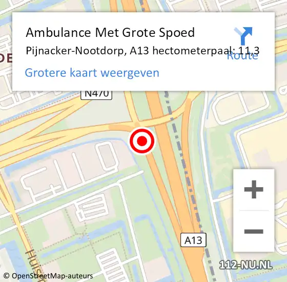 Locatie op kaart van de 112 melding: Ambulance Met Grote Spoed Naar Pijnacker-Nootdorp, A13 hectometerpaal: 11,3 op 24 juni 2024 17:54