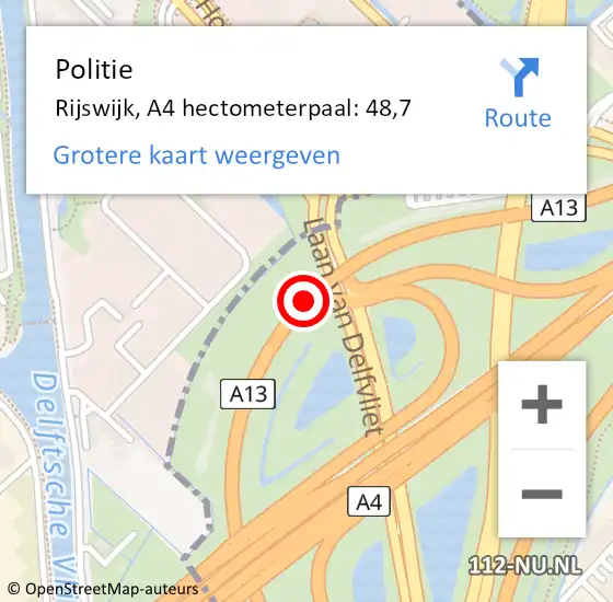 Locatie op kaart van de 112 melding: Politie Rijswijk, A4 hectometerpaal: 48,7 op 24 juni 2024 18:18