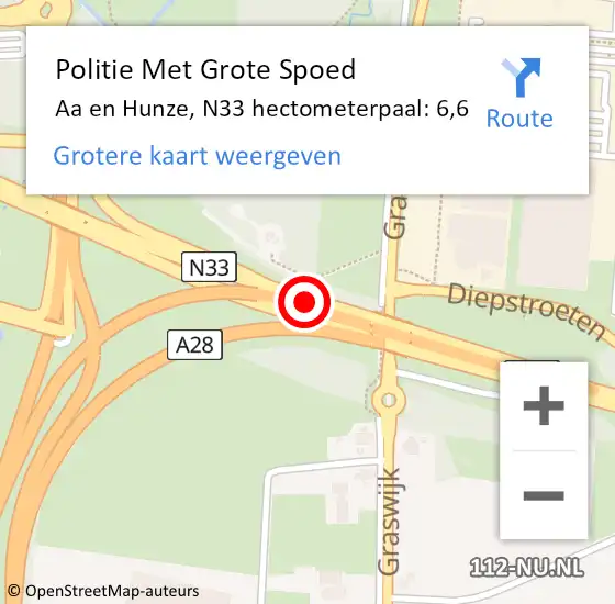 Locatie op kaart van de 112 melding: Politie Met Grote Spoed Naar Aa en Hunze, N33 hectometerpaal: 6,6 op 24 juni 2024 19:34