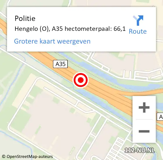 Locatie op kaart van de 112 melding: Politie Hengelo (O), A35 hectometerpaal: 66,1 op 24 juni 2024 20:17