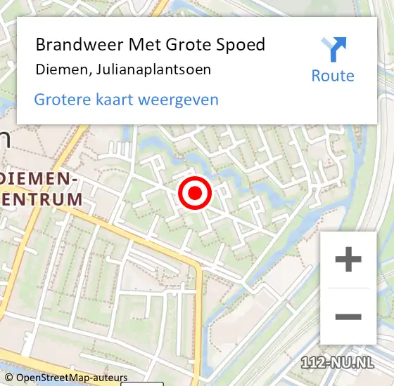 Locatie op kaart van de 112 melding: Brandweer Met Grote Spoed Naar Diemen, Julianaplantsoen op 25 juni 2024 03:08