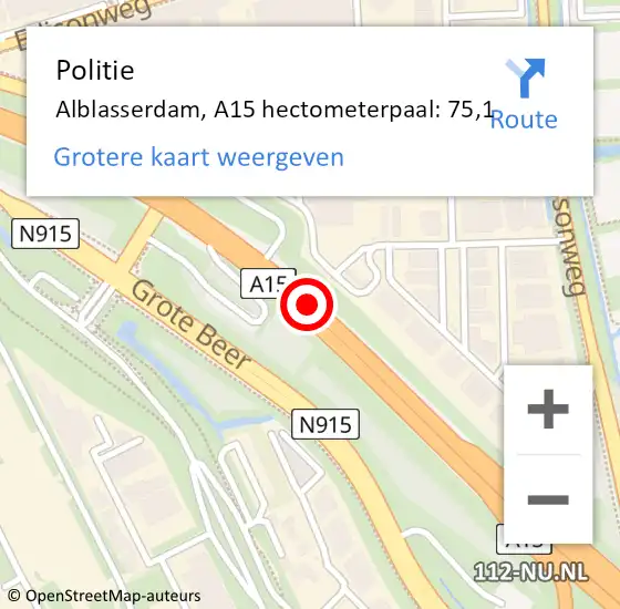 Locatie op kaart van de 112 melding: Politie Alblasserdam, A15 hectometerpaal: 75,1 op 25 juni 2024 05:21