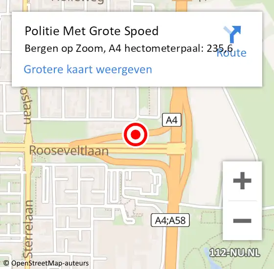 Locatie op kaart van de 112 melding: Politie Met Grote Spoed Naar Bergen op Zoom, A4 hectometerpaal: 235,6 op 25 juni 2024 06:38