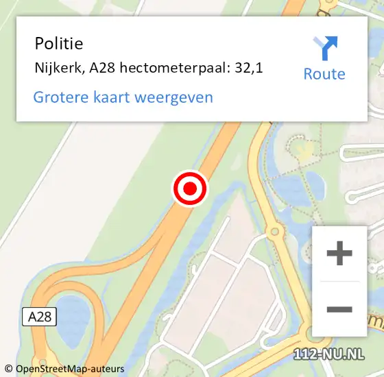 Locatie op kaart van de 112 melding: Politie Nijkerk, A28 hectometerpaal: 32,1 op 25 juni 2024 06:46