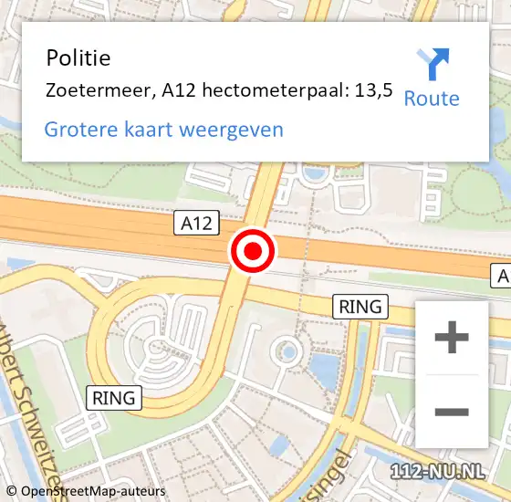 Locatie op kaart van de 112 melding: Politie Zoetermeer, A12 hectometerpaal: 13,5 op 25 juni 2024 07:36