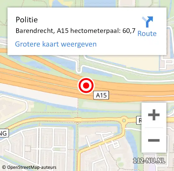 Locatie op kaart van de 112 melding: Politie Barendrecht, A15 hectometerpaal: 60,7 op 25 juni 2024 07:58