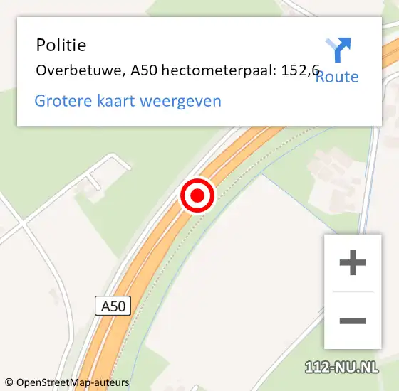 Locatie op kaart van de 112 melding: Politie Overbetuwe, A50 hectometerpaal: 152,6 op 25 juni 2024 09:11