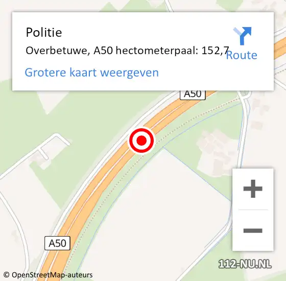 Locatie op kaart van de 112 melding: Politie Overbetuwe, A50 hectometerpaal: 152,7 op 25 juni 2024 09:13