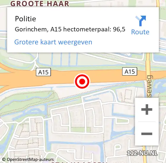 Locatie op kaart van de 112 melding: Politie Gorinchem, A15 hectometerpaal: 96,5 op 25 juni 2024 09:23