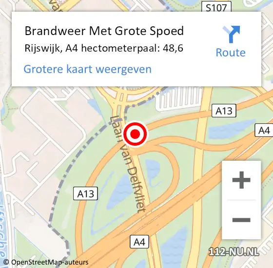 Locatie op kaart van de 112 melding: Brandweer Met Grote Spoed Naar Rijswijk, A4 hectometerpaal: 48,6 op 25 juni 2024 11:15
