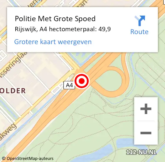 Locatie op kaart van de 112 melding: Politie Met Grote Spoed Naar Rijswijk, A4 hectometerpaal: 49,9 op 25 juni 2024 13:17