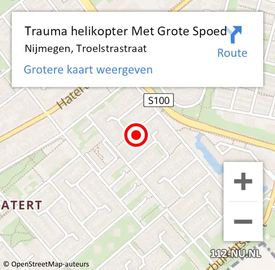 Locatie op kaart van de 112 melding: Trauma helikopter Met Grote Spoed Naar Nijmegen, Troelstrastraat op 25 juni 2024 13:52