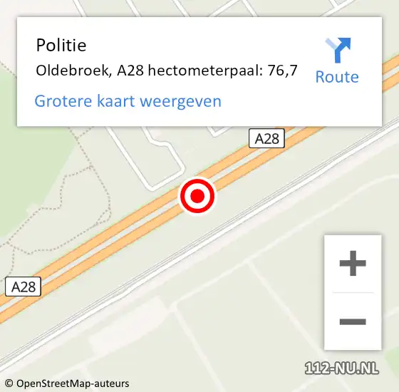 Locatie op kaart van de 112 melding: Politie Oldebroek, A28 hectometerpaal: 76,7 op 25 juni 2024 14:05