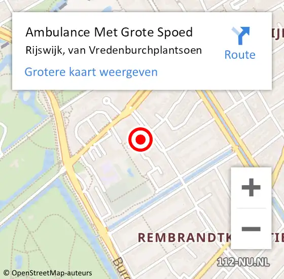 Locatie op kaart van de 112 melding: Ambulance Met Grote Spoed Naar Rijswijk, van Vredenburchplantsoen op 25 juni 2024 14:44