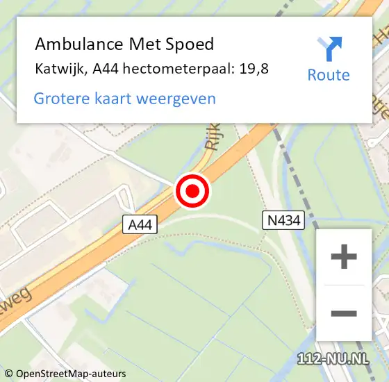 Locatie op kaart van de 112 melding: Ambulance Met Spoed Naar Katwijk, A44 hectometerpaal: 19,8 op 25 juni 2024 14:53